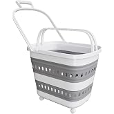Folding Laundry Basket with Wheels Handle Collapsible Plastic Hamper 38L Portable Rubber Clothes Multi Use Grocery Shopping C