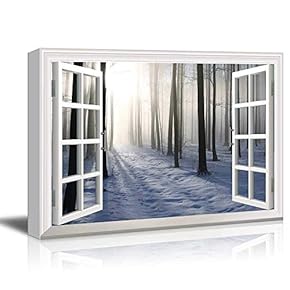 Modern White Window Looking Out Into a Snowed Forest with The Sun Peeking Through - Canvas Art Home Art - 24x36 inches