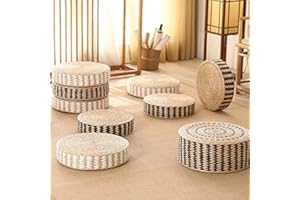 QUINCRY Tatami Floor Round Cushion for Floor Seating, Handmade Rattan Woven Picnic Pillow to Sit for Ground Outdoor, Bohemian Meditation Japanese Floor Cushion (All black stripes, 15.75*4.33inch(40*11cm))