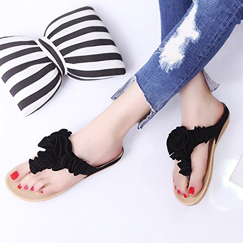Women's Casual Sandals,Sunyastor Lady Summer Beach Flip Flops Outdoor Slippers Casual Flat Shoes Lady Pretty Floral Sandals Black