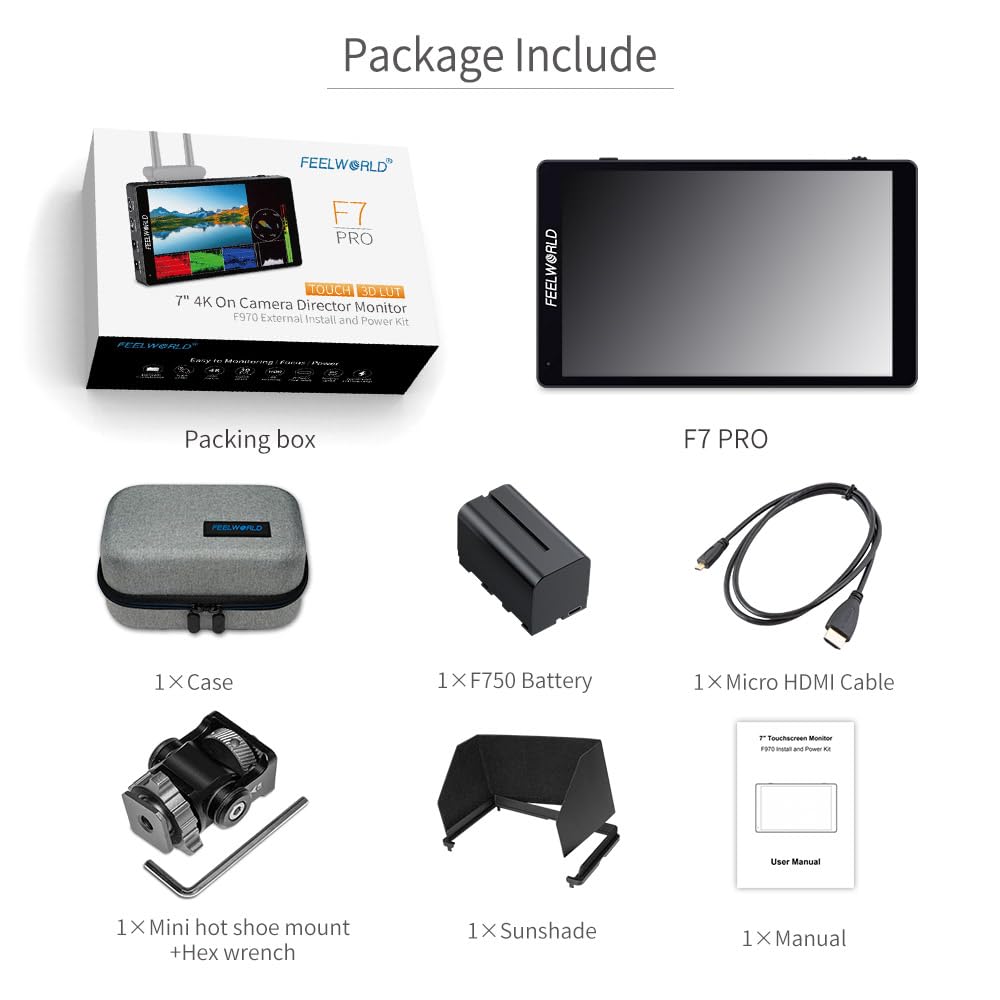 FEELWORLD F7 PRO 7 Inch Touch Screen DSLR Camera Field Monitor with F750 Battery and Bag 3D Lut HDR Waveform F970 External Power Install Kit 1920x1200 4K 60Hz HDMI in Out 8.4V Type-c Input