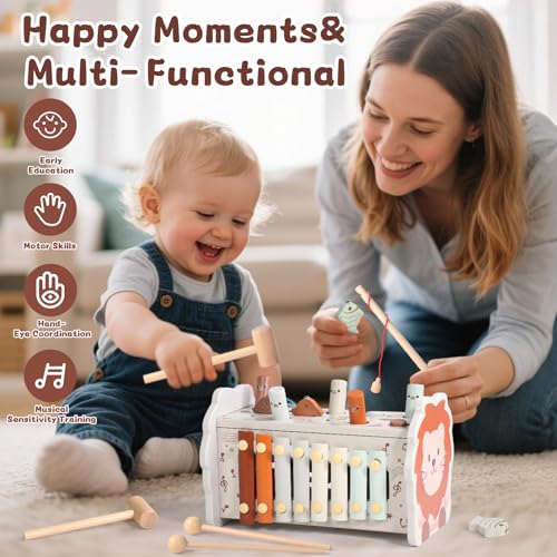 Baby Toy 1 Year – Montessori Games 1 Year 4 in 1 Montessori Toy with Taupe Tape-Taupe Xylophone Baby Fishing and Maze Toys for 1 Year Old Educational Wooden Ideal Christmas Gift Child 1 Year Old Girl Boy