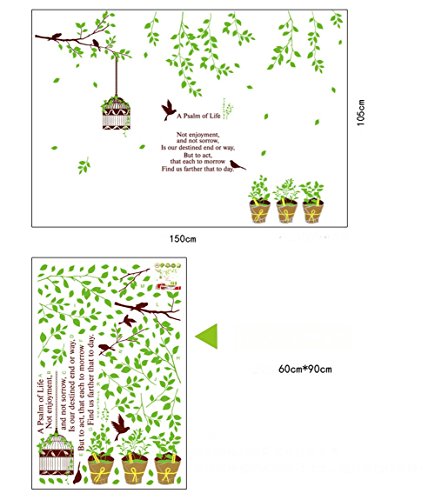 BIBITIME Green Tree Branch Hanging Birdcage with 4 Birds 3 Potted Plants Wall Sticker for Door Window Desk Decor Decals ,DIY Size: 59.06 41.34 IN