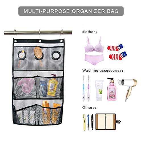 HuiDao Bath Hanging Caddy Shower Hanging Organizer 7 Quick Dry Mesh Pockets Storage Bag with 3 Ring Hooks for Hanging On Bathroom Curtain Rod, 27.5x15.7 Inch (Black) - Thumbnail 2