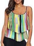 Deralove Women's Stripe Ruffled Tankini Tops Layered Swimwear (No Bottoms,S-3XL)