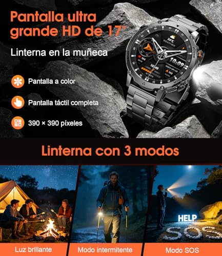 LIGE Reloj Inteligente Hombre 1400mAh Larga Duración, 1.7" Smartwatch Militar con Linterna LED, Llamadas Bluetooth, 120+ Deportes, 5ATM Impermeable, Frecuencia Cardíaca,Android iOS,2 Cargadores,EF26-C