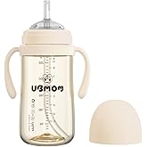 UBMOM No-spill, Backflow prevention Sippy Cup with Straw, PPSU Learner Cup with Handle for Baby and Toddlers, BPA free, 9.47oz(Beige)