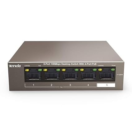 Tenda TEF1105P-4-63W - 5 Port 10/100 MBit/s Desktop Switch mit 4 Port PoE, 63 Watt, Zusätzlich 1x Uplink, Vollduplex, Metallg
