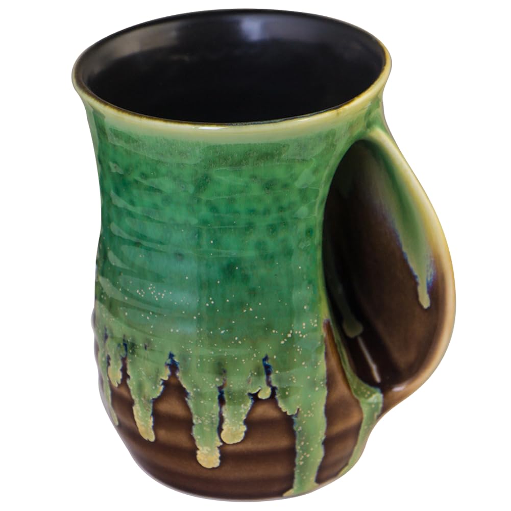 Hand Warmer Mug,18 Oz Handmade Pottery Hand Warming Coffee Mug Large with Pocket Right Handed (Sand/Green)