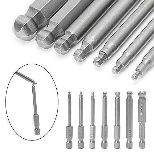 Hymnorq 7pc Metric Ball End Hex Key Screwdriver Bits Set - Quick Release 1/4 Inch Hex Shank for Easy Attachment - 65mm/2.56" Long - S2 Steel Alloy and Magnetic Tips - Fit All Standard Bit Holders