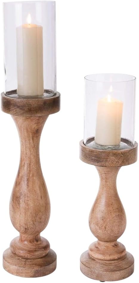 Pureday Candelabros UMA-rústico-Madera de Mango, Vidrio-pequeño