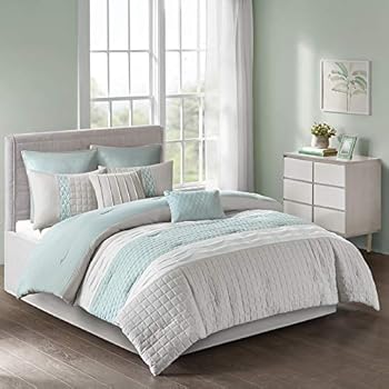 510 DESIGN Tinsley 8 Piece Ultra Soft Quilted Comforter Set Bedding, Queen Size, Seafoam/Grey