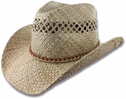 Natural Seagrass Straw Outback Western Cowboy Hat, Braided Faux Leather Band, Shapeable Brim, Small/Medium Size