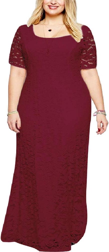 Janlyy Women's Plus Size Dress Evening Wedding Party Lace Short Sleeve High Waist Plus Size Dress Size UK 14-30