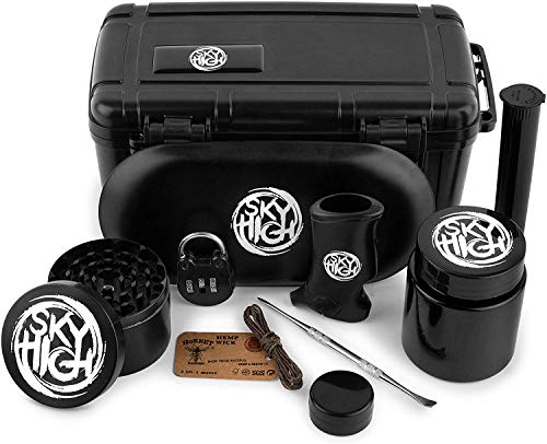 Sky High Stash Box with Secure Lock, Smell Proof Grinder, Dabber Set, Blunt Tube, Jar, Tray and Lighter Hemp Holder and Hemp Wick - Stash Container Herbs Storage Accessories