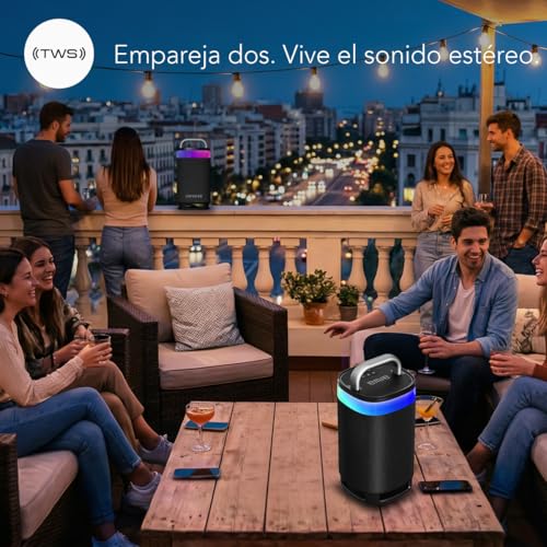 Aiwa Bocina Portátil Bluetooth TWS, Potencia 600W PMPO (60W RMS), Party 360°, Sonido Envolvente, Resistencia al Agua IPX5, Luz LED Multicolor, Batería Recargable y Función de Carga, AWS68BT