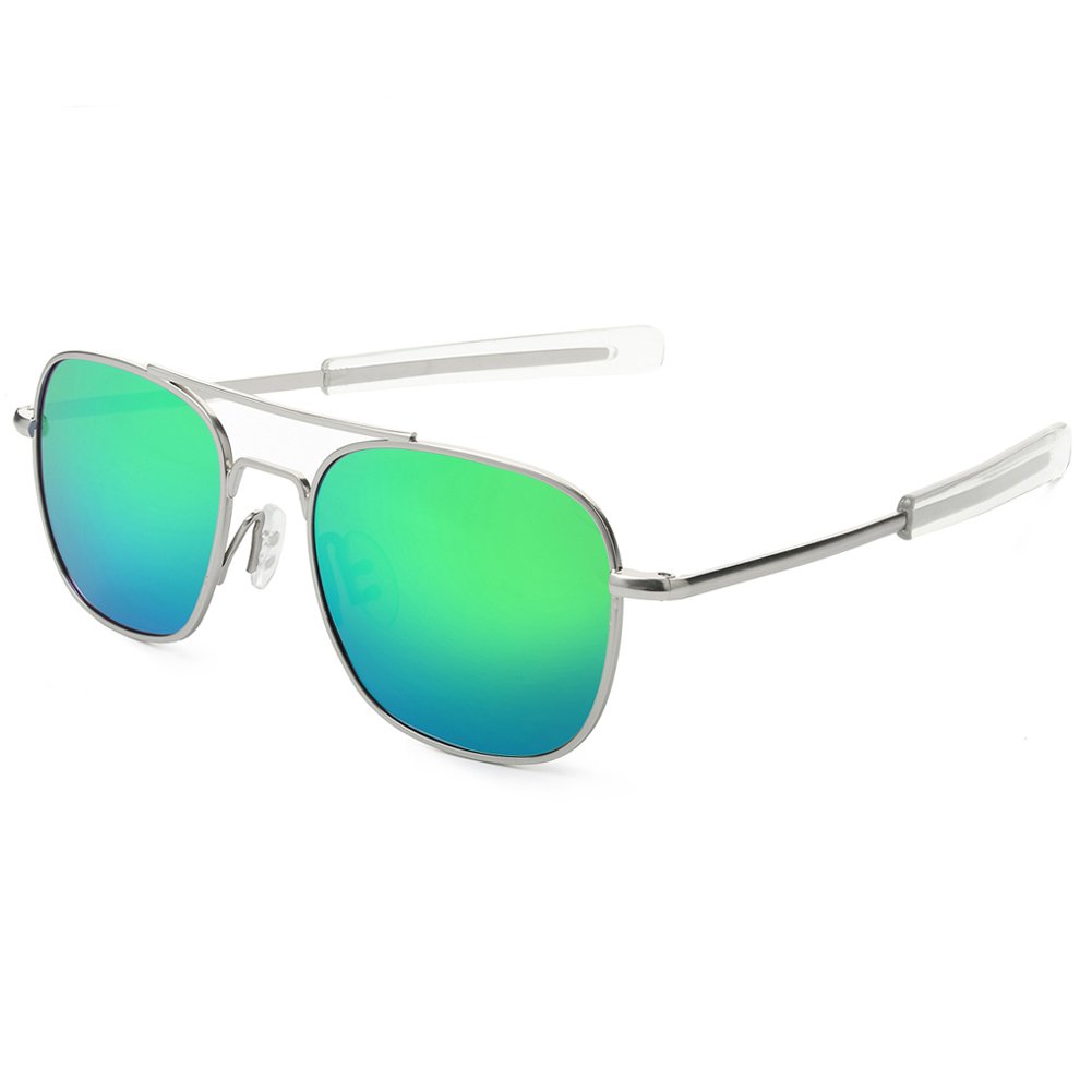 WELUK Men\'s Pilot Aviator Sunglasses Polarized 55mm Military Style with Bayonet Temples (Silver/Green, 55)