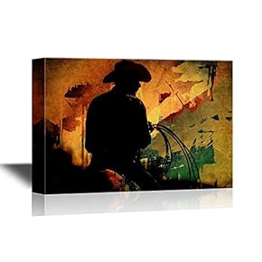 Cowboy Canvas Wall Art - Cowboy with Lasso Silhouette at Small-Town Rodeo - Gallery Wrap Modern Home Art | Ready to Hang - 12x18 inches