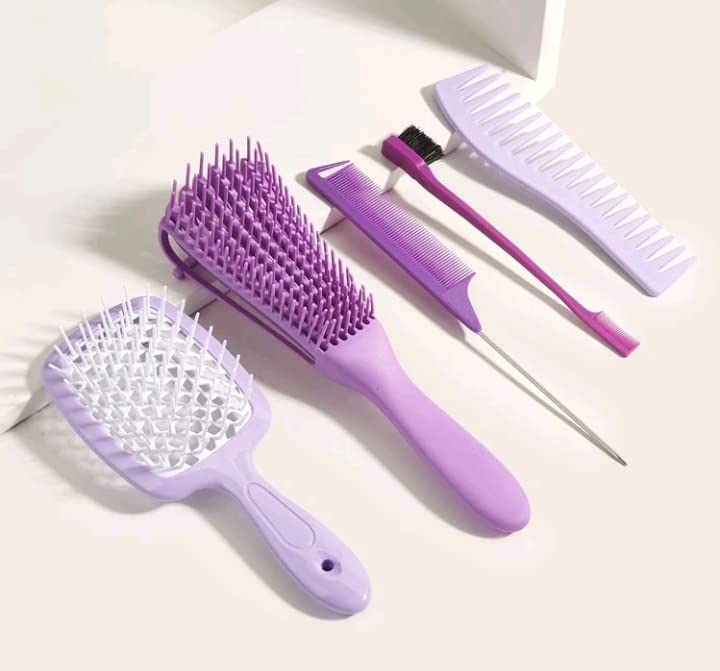 Detangling Brush - Straightener Brush - 5 Piece Kit - Curly Brush - Wide Brush - Curved Comb - Guide Comb and Mini Comb with Brush