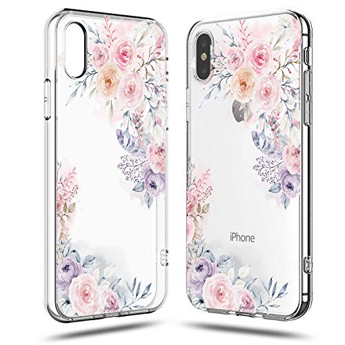FrepstudioCase Compatible for iPhone Xs/X,Cute Tropical Roses Floral Flowers Daisy Blooms Women Girls Trendy Pink Purple Spring Summer Simple Chic Clear Protective Case Compatible for iPhone X/XS