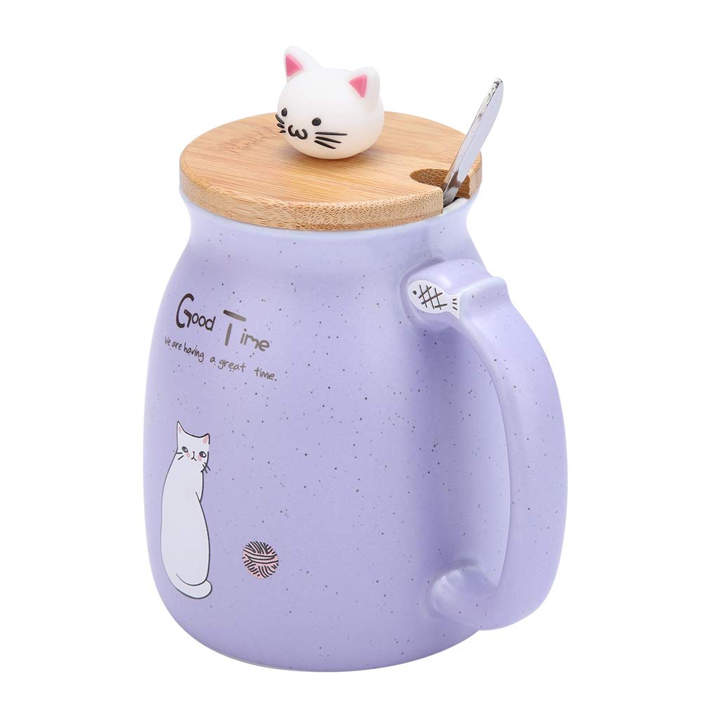 Raguso Ceramic Cup Lovely Cartoon Cat Ceramic Cup 1pc 420ml Heat-Resistant Ceramic Mug With Stainless Steel Spoon And Wooden Lid For Coffee Water Milk Drinkware Gift(Purple)