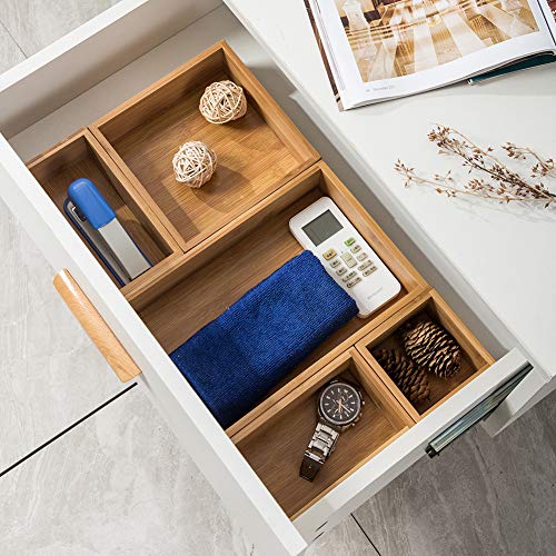 5 Piece Bamboo Drawer Organizer Set, Luxury Wooden Desk Storage Box Kit, Multi-use Junk Drawer Organizer for Office, Kitchen, Bedroom, Children Room, Craft, Sewing - Thumbnail 3