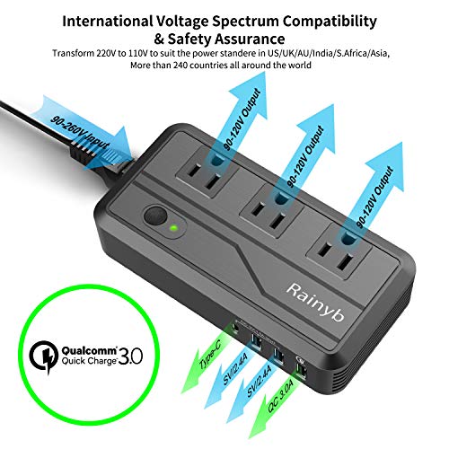 International Travel Adapter,Rainyb 2300W Power Converter 220v to 110v Voltage Converter with 3-Port USB Charging,Type-C and UK/AU/US/EU Worldwide Plug Adapter,Converter for Hair Dryer (Black)