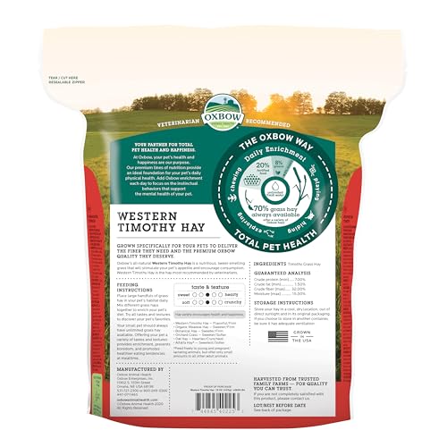 OXBOW ANIMAL HEALTH WESTERN TIMOTHY HAY, BUNNY FOOD, ALL NATURAL HAY FOR RABBITS, GUINEA PIG, CHINCHILLAS, HAMSTERS & GERBILS, RABBIT TREATS, VETERINARIAN RECOMMENDED, 15 OZ.