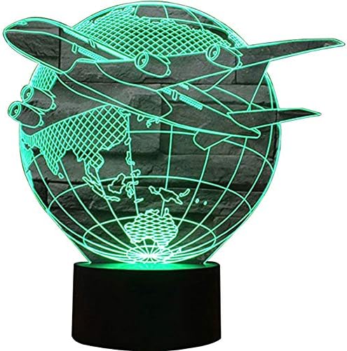 Jiahai 3D Illusion Airplane Fly Out of The Earth Shaped Soft Multi-Colored Change LED Table Desk Night Light for Home Bedroom Decorations Airplane USB Powered or Battery Powered