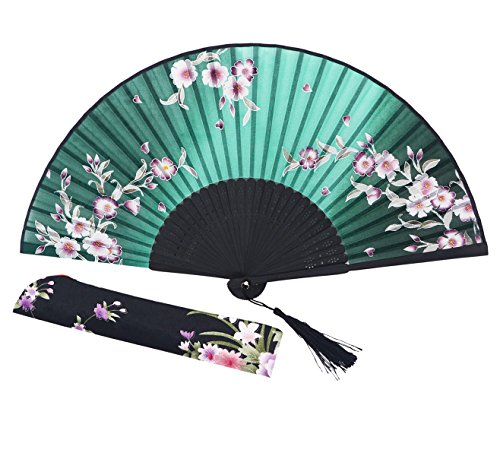 Amajiji Charming Elegant Modern Woman Handmade Bamboo Silk 8.27" (21cm) Folding Pocket Purse Hand Fan/Chinese Japanese Vintage Retro Style Handheld Folding Fan (Green)