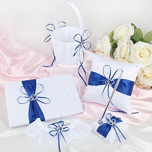 KANECH 5pcs Sets-Blue Satin-Wedding Flower Girl Basket and Ring Bearer Pillow Set (Ring Pillow + Flower Girl Basket + Wedding Guest Book +Pen Set + Garter Cover)