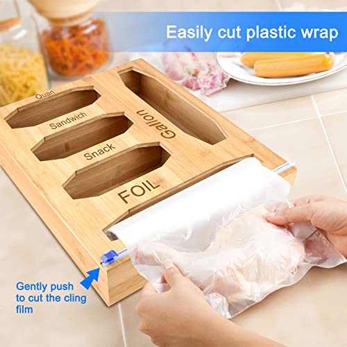 Ziplock Bag Storage Organizer Wrap Dispenser - Aluminum foil Dispenser with Cutter Labels,Bamboo Organizer, Compatible with Gallon, Quart, Sandwich and Snack Variety Size Bag