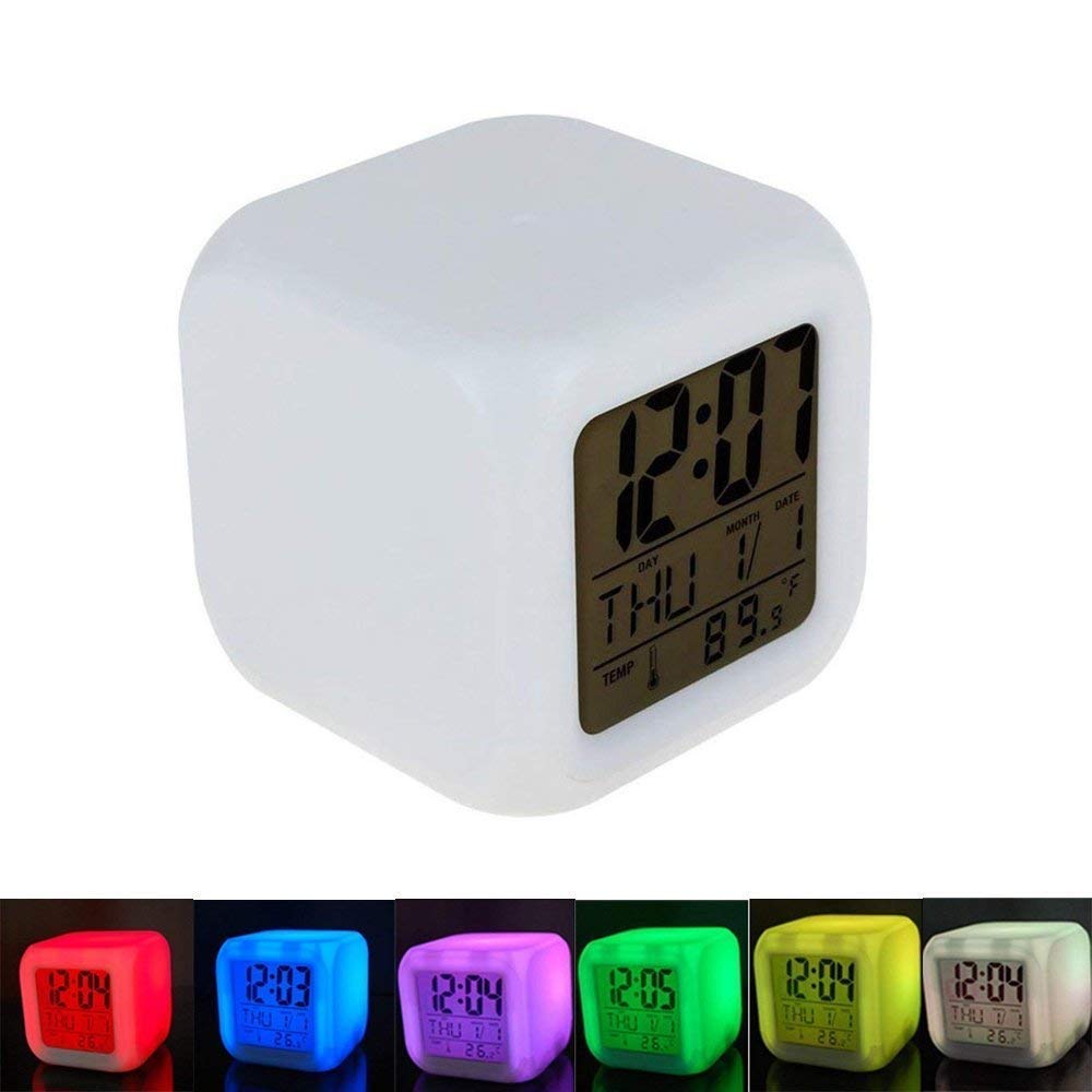 genmine Alarm Clock 7 LED Color Change with Temperature, Alarm and Sleeping Function 7 Colors Changing Thermometer Night Glowing Digital Alarm for Bedroom Child