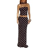 Wuitrie Women's Sexy Polka Dot 2 Piece Skirt Sets Off-Shoulder Crop Top with Neck Tie Maxi Skirt Going Out Vacation Set