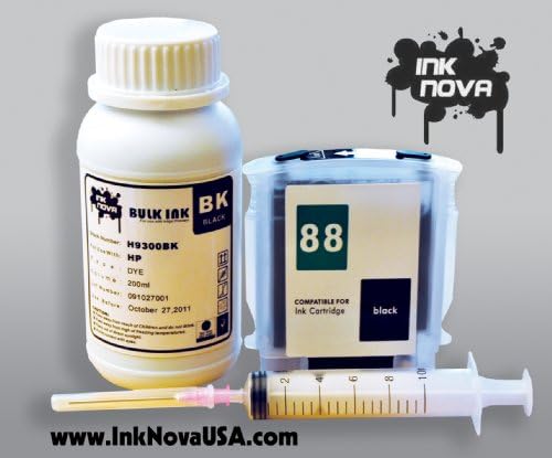 New Full Pre-filled Refillable Hp 88 BlackXL (C9386AN) Ink Cartridges for Hp Printer Pro K550 and More + One 200ml Bottle Printer INK (Equivalent to 11 Individual Ink Cartridges, 14040 Page Yield)