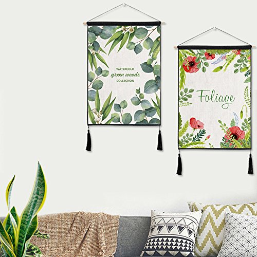 Adarl Hanging Painting Wall Art Wooden Scroll Painting Rolling Art Print on Canvas Framed with Tassel Ready to Hang for Home Office Decor(Green Plants)