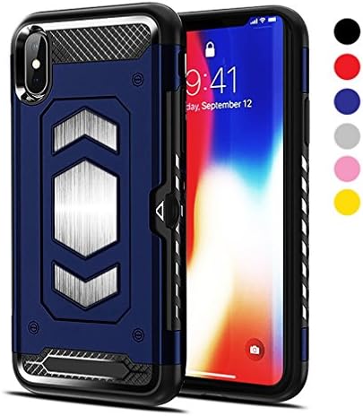 iPhone Xs/iPhone X Case [Gun Metal Series] Heavy Duty Protector [Wireless Charging Ready]+[Magnetic Car Mount Ready] with Slim Card Holder (Wallet), (Blue) by Jazliv