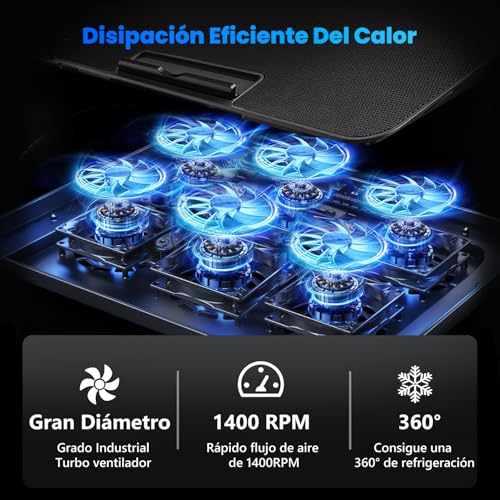 Ventilador para Laptop con 6 Ventiladores Silenciosos,Enfriador Laptop de 5 Ángulos Ajustables,Base de Refrigeración para Ordenador Portatil con Luces LED,Dos Puertos USB para Portatil de 12"-17.3"