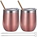 BBTO 2 Sets 12 oz Stainless Steel Stemless Wine Glass, Unbreakable Double Wall Insulate Cup Tumbler with Lids for Wine, Coffee, Including 2 Pieces Straws and 2 Pieces Brushes (Bright Rose Gold)