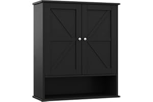 Reettic Farmhouse Medicine Cabinet with 2 Barn Doors, Bathroom Cabinet Wall Mount with Adjustable Shelf, Over The Toilet Storage for Bathroom, Living Room, Kitchen, Black BMGZ103B