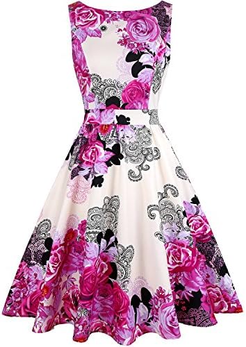 OLADY Women's BoatNeck Sleeveless Vintage Fit and Flare Rockabilly Floral Dress (M, Purple Floral)