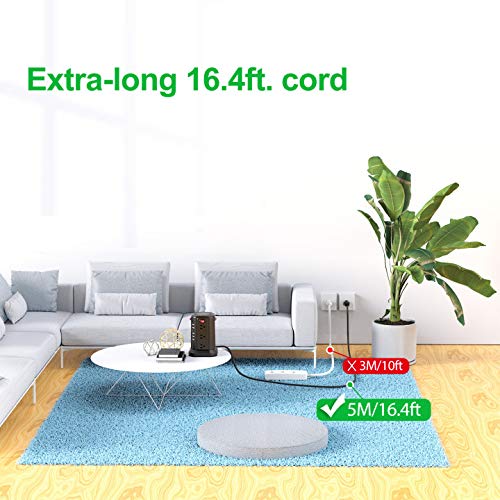 Surge Protector Power Strip 16.4FT/5M 5 USB Ports 12 Outlet Power Strip with USB Long Cord Outlet Surge Protector Tower Overload Protection, Short Circuit Protection