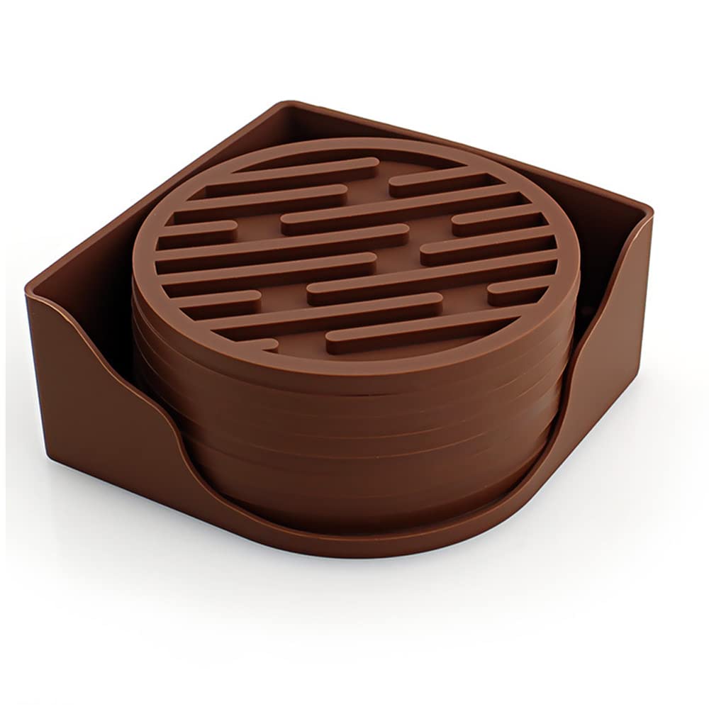 10cm/3.94inch Round Coasters Set Silicone Rubber Coaster Cup Pad Mat Anti-scald Non-Slip for Daily Home/Bar Coffee Tea Drink Use Insulate&protect furniture Coffee Beer Mug WineGlass Bottle (Brown, 8)