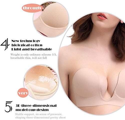 VeMee Strapless Bra Deep U-Shaped Self Adhesive Push Up Bra For Women Reusable Silicone Bra, CUPD, Skin