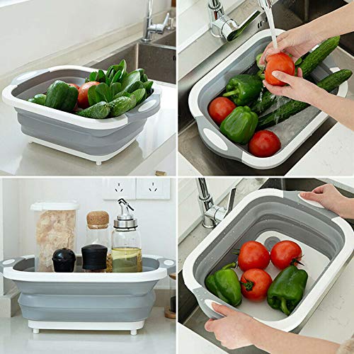 Collapsible Cutting Board with Dish Tub | Basket with Draining Plug | Collapsible Colander and Dish Sink Tub Storage Basket - 3 in 1 Multifunction Kitchen Kit - Thumbnail 6