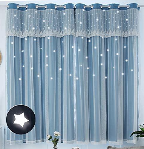 Sunian Star Blackout Curtains for Kids Girls Bedroom Living Room Cut Out Tulle Overlay Window Curtain, 1 Panel (52" W x 84" L)