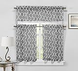 Geo Trellis 3 PC Faux Linen Kitchen Curtain Tier & Valance Set - Assorted Colors (Gray)