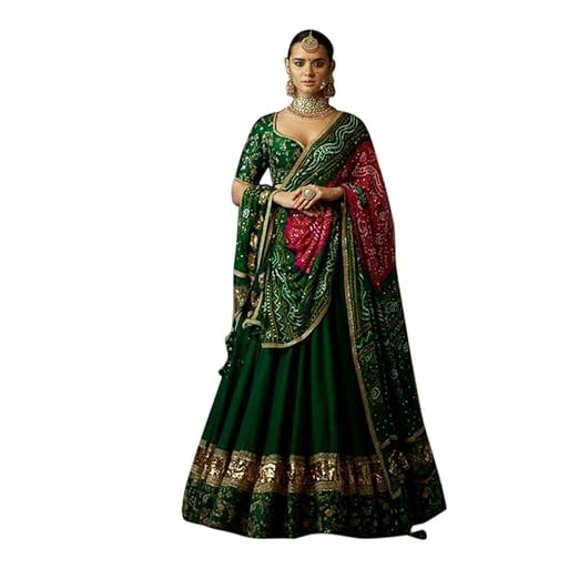 Womens Dark Green Silk Semi-Stitched Lehenga Choli With Can Can