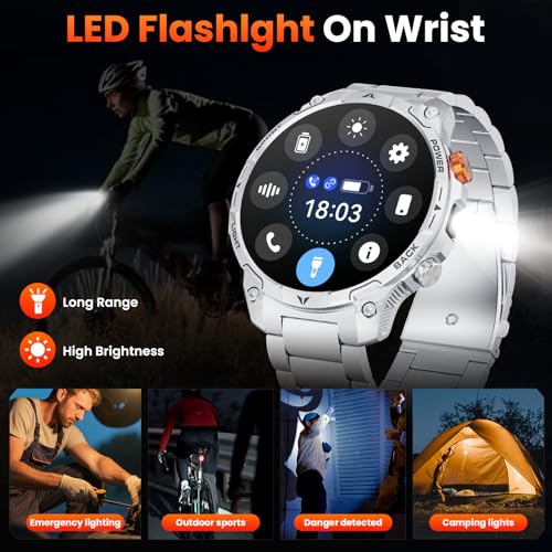 Haulvean Men's Military Watch Battery 1000 mAh Smartwatch Two Bracelets 1.75 Inches HD Screen LED Flashlight 100+ Sports Modes Health Monitoring Bluetooth Calls for iOS Android (Silver)