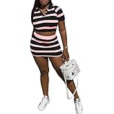 HBQ Women's Casual 2 Piece Skirt Sets Polo Collar Crop Top Striped Mini Dress Summer Vacation-Stripe